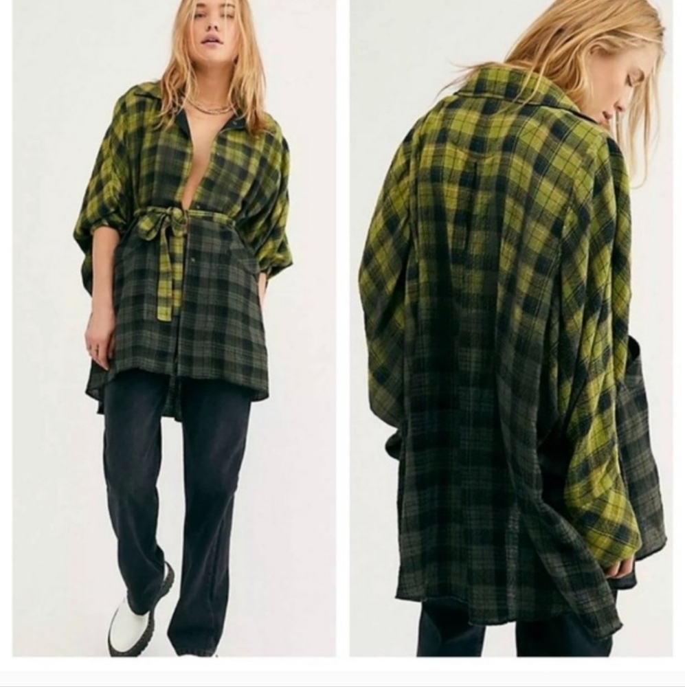 Free People Green And Flannel Oversied Tunic Top Sz M - Picture 1 of 2